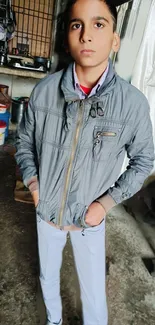 Stylish young individual in urban setting, wearing a gray jacket.