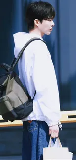 Urban youth in a white hoodie with a backpack, embodying modern street style.