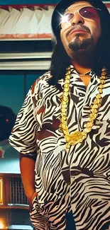 Man with zebra shirt and gold chain in urban setting, sunglasses gleaming.