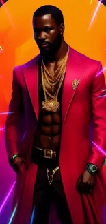 Stylish individual in a vibrant pink suit, set against a colorful backdrop.