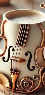 Violin-styled coffee mug on a table.