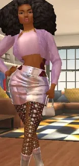 Virtual character in stylish fashion outfit in a modern room.