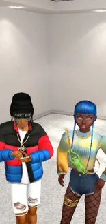 Colorful virtual characters with stylish outfits in a modern room.