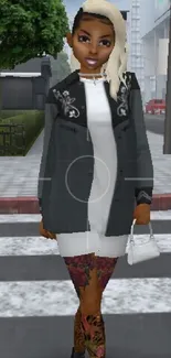 Virtual character in a stylish outfit on a city street.