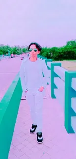 Fashionable person walking on a pastel green bridge with serene backdrop.