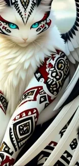 Tattooed winged cat with tribal patterns.