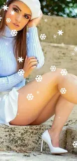 Fashionable winter-style wallpaper with snowflakes and cozy outfit.