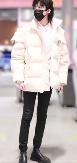 Person in stylish beige coat with black pants and boots.