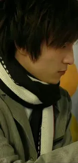 Mobile wallpaper of a person wearing a stylish winter scarf, side view.