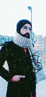 Urban man in stylish winter attire with scarf and glasses.