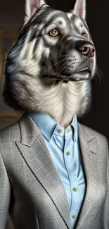 Wolf dressed in a business suit against a dark background.