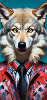 Wolf in a colorful floral suit with a turquoise background.