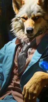 Artistic wolf in a suit with blue accents.