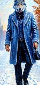 Wolf-headed figure in blue coat on snowy path.