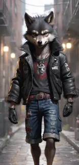 Stylish wolf in leather jacket with street background, edgy fashion vibe.