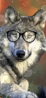 Gray wolf wearing glasses with a bokeh background.