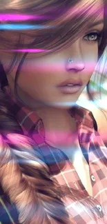 Stylish digital portrait of a woman with braid in a plaid shirt.