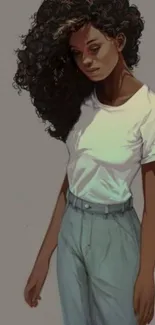 Illustration of a woman with curly hair and casual attire.