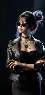Woman in black leather jacket and sunglasses on dark background.