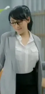 Woman wearing a grey blazer and glasses captured mid-pose.