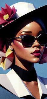 Geometric art of stylish woman with floral hat and sunglasses.