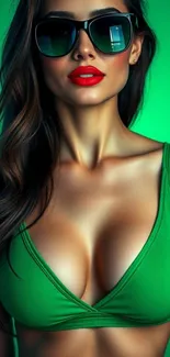 Stylish woman in green top and sunglasses with vibrant background.