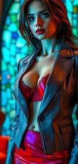Stylish woman in a leather jacket with vibrant stained glass background.