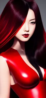 Elegant woman in vivid red dress with flowing hair.