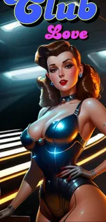 Retro futuristic woman art on smartphone wallpaper.