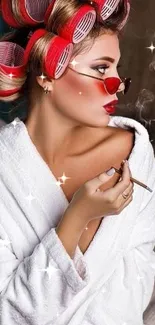 Fashionable woman in white robe with red curlers and sunglasses.