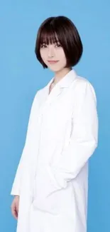 Woman in white lab coat on a sky blue background.