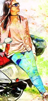 Stylish woman in shades on a scooter with vibrant artistic colors.