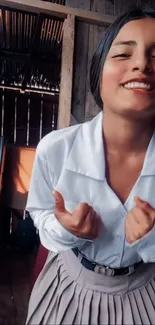 Smiling woman in white blouse and pleated skirt.