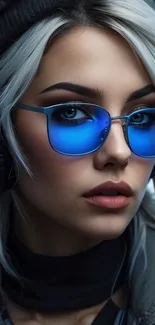 Woman wearing blue sunglasses and headphones.