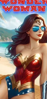 Wonder Woman in stylish beach art with vibrant colors and summer vibes.