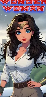 Anime-style Wonder Woman on a rooftop.