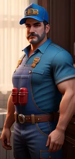 Animated worker in blue uniform standing in a cozy kitchen window light.