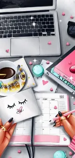 Stylish workspace with pink accents, coffee, and planner in a chic setting.