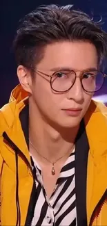 Person wearing a yellow jacket and glasses with a stylish and modern vibe.