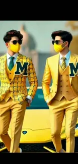 Two men in yellow suits and masks with yellow sports car.