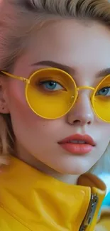 Woman with yellow sunglasses in a fashion-forward portrait.