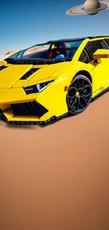 Yellow supercar driving in a desert with a planet in the background.