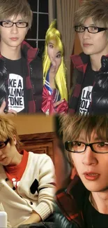 Collage of a stylish young man wearing glasses with various outfits.