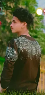 Young man with sparkling jacket in nature setting.