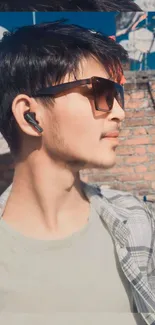 Young man with sunglasses and earbuds against a brick wall.