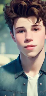 Stylish portrait of a young man with curly hair in an outdoor setting.