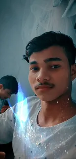 Young man surrounded by blue aura