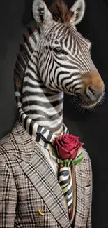 Zebra in plaid suit with a rose, creative wallpaper.