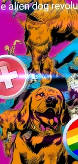 Vibrant aliens and dogs in artistic illustration with bold magenta background.