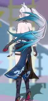 Anime character with long blue hair and back view